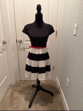 B Darlin Black Top with Black & White Striped Skater Skirt and Red Belt